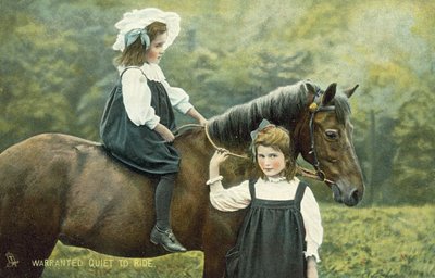Two Little Girls on a Horse by English School